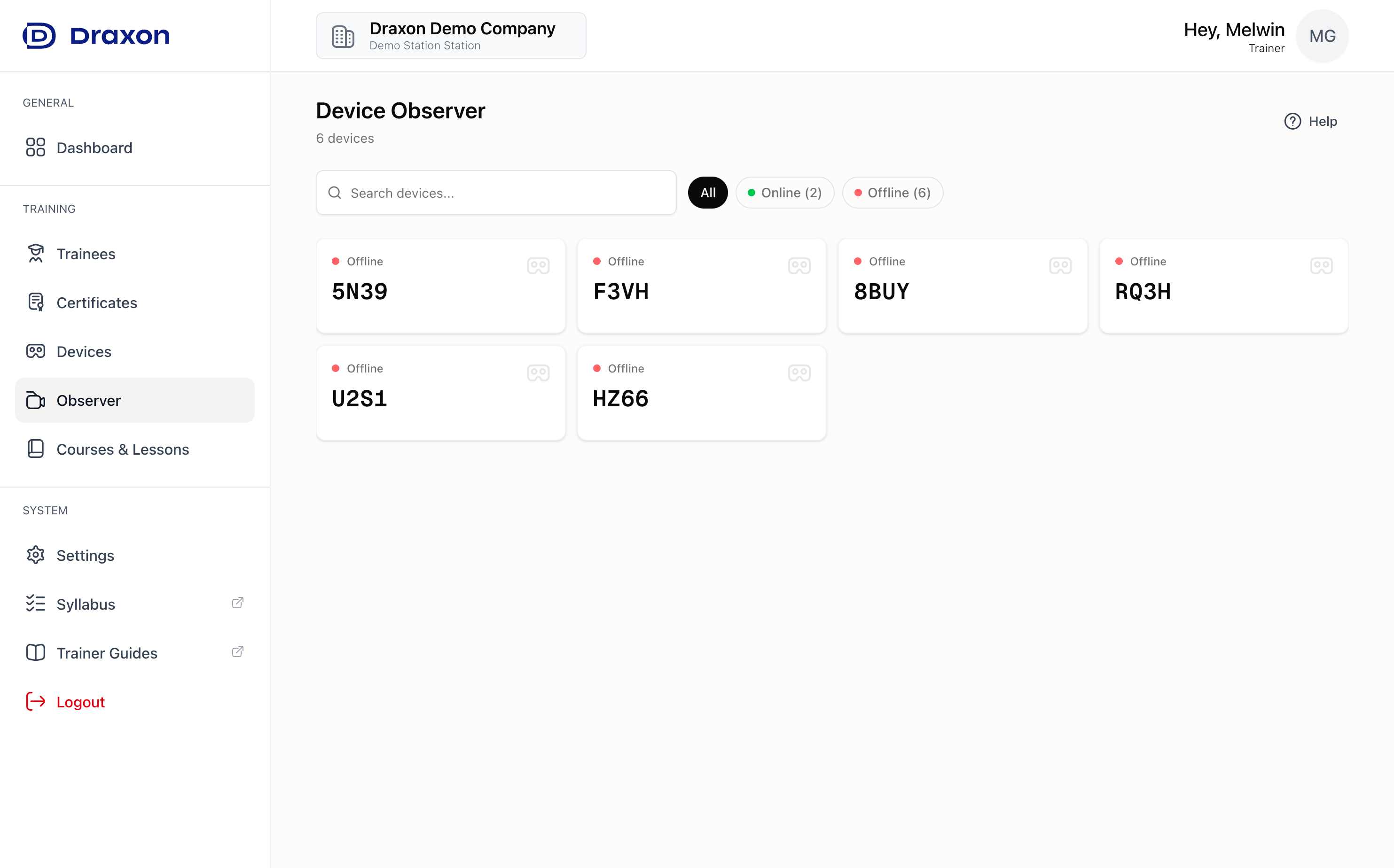 Observer page showing device status cards