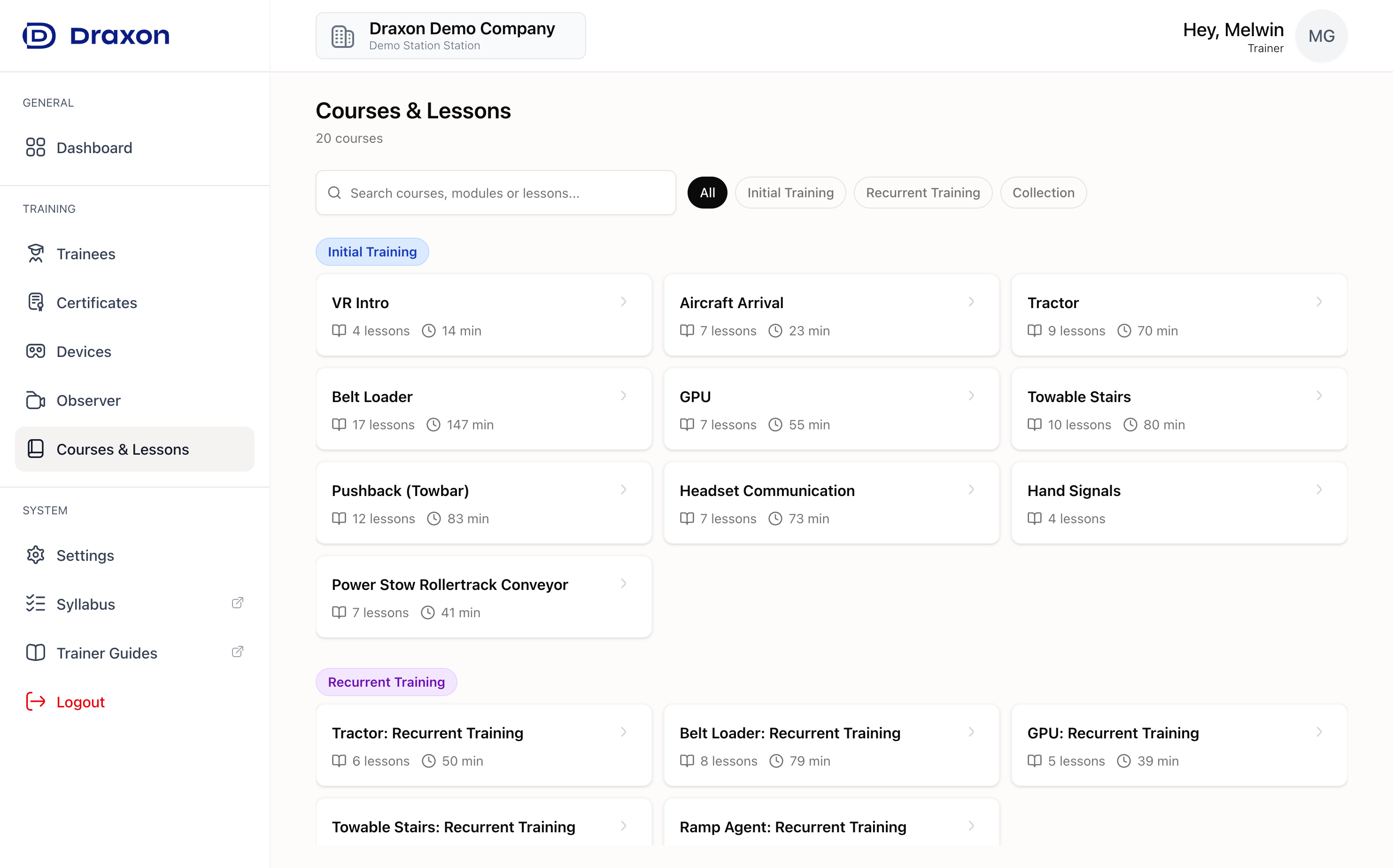 Courses & Lessons page with course list and lesson details