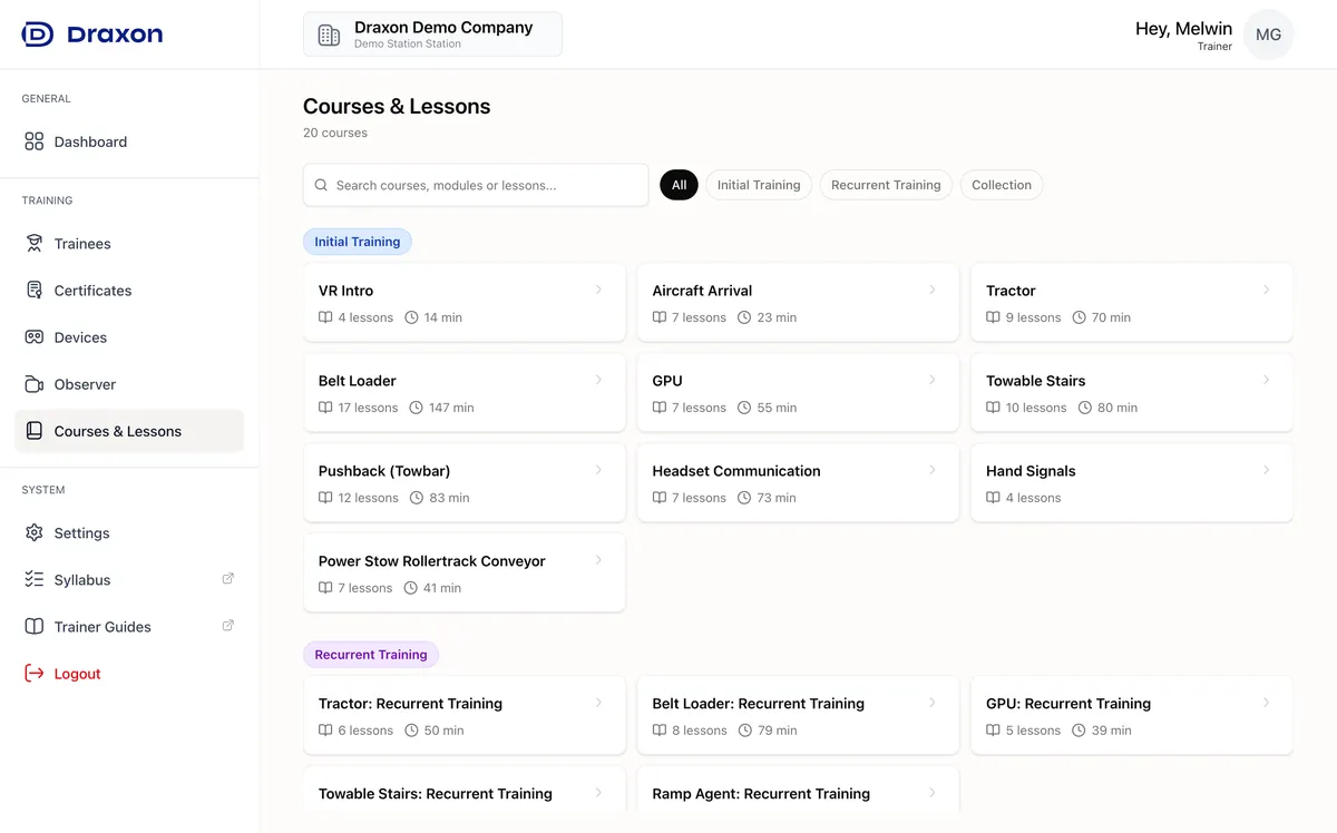 Courses & Lessons page with course list and lesson details