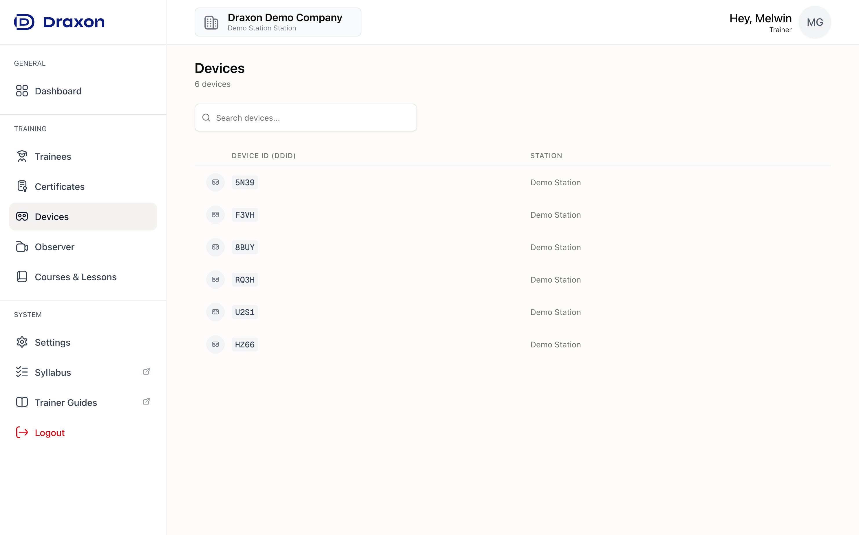 Devices page showing headset Device IDs