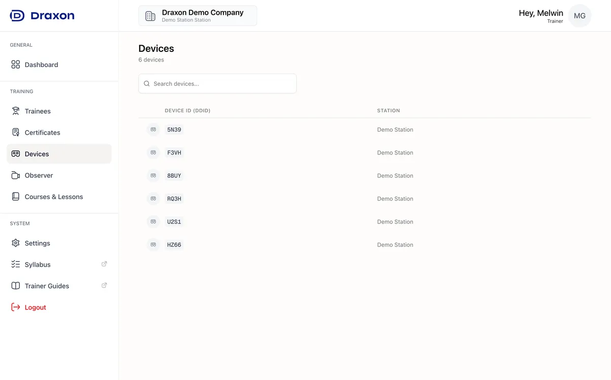Devices page showing headset Device IDs