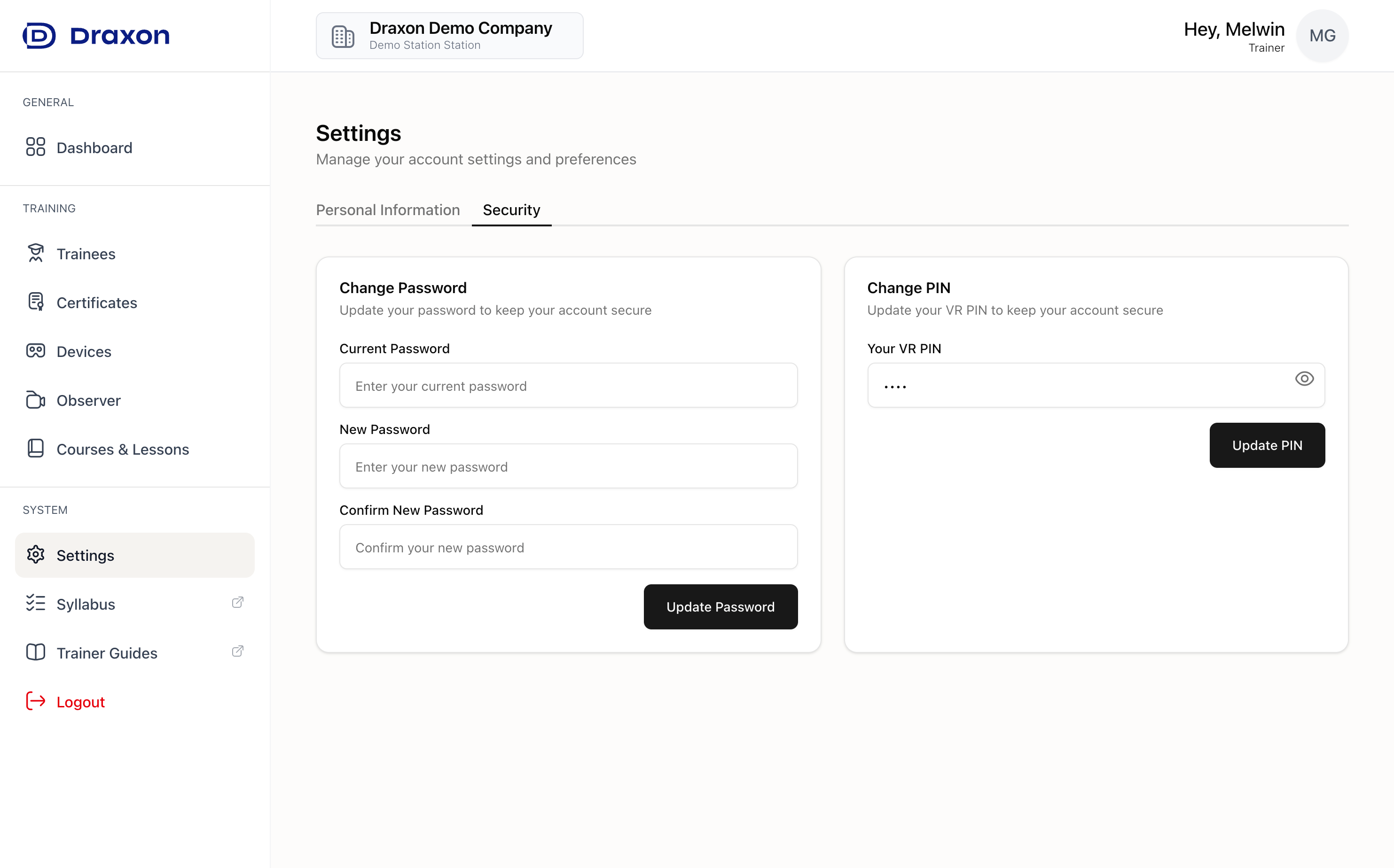 Settings page - Security tab with password and PIN options