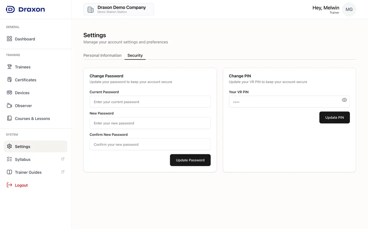 Settings page - Security tab with password and PIN options