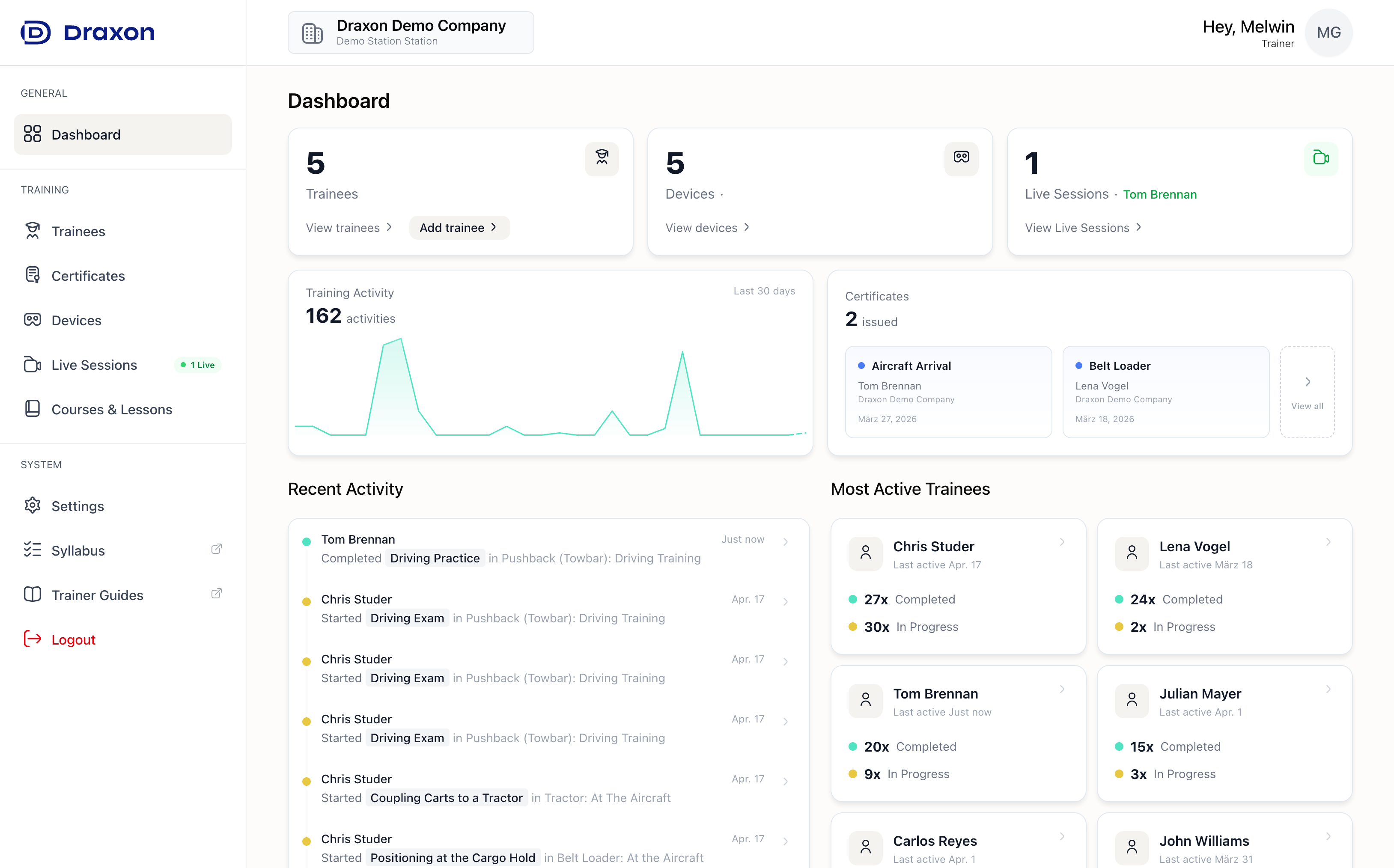 Trainer Hub Dashboard with stat cards and recent activity