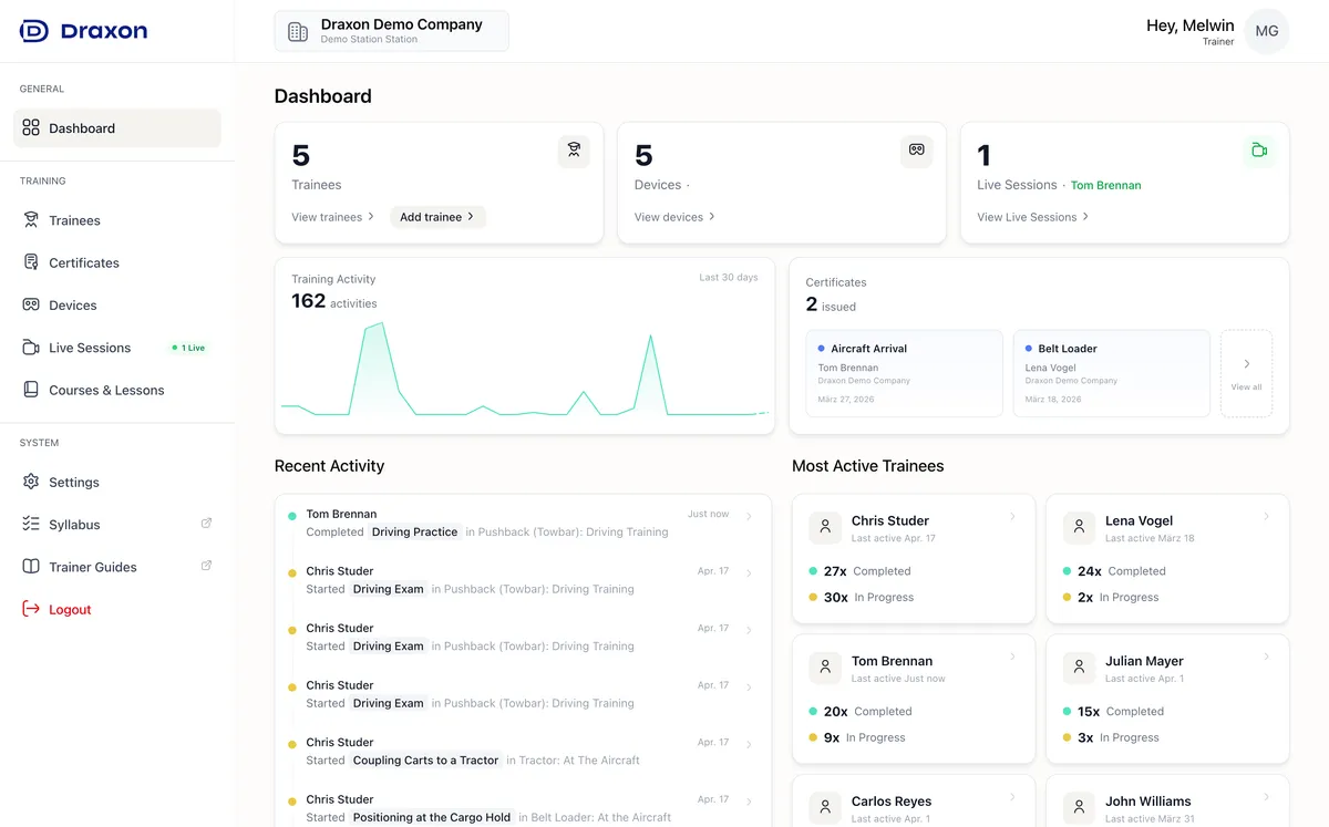 Trainer Hub Dashboard with stat cards and recent activity