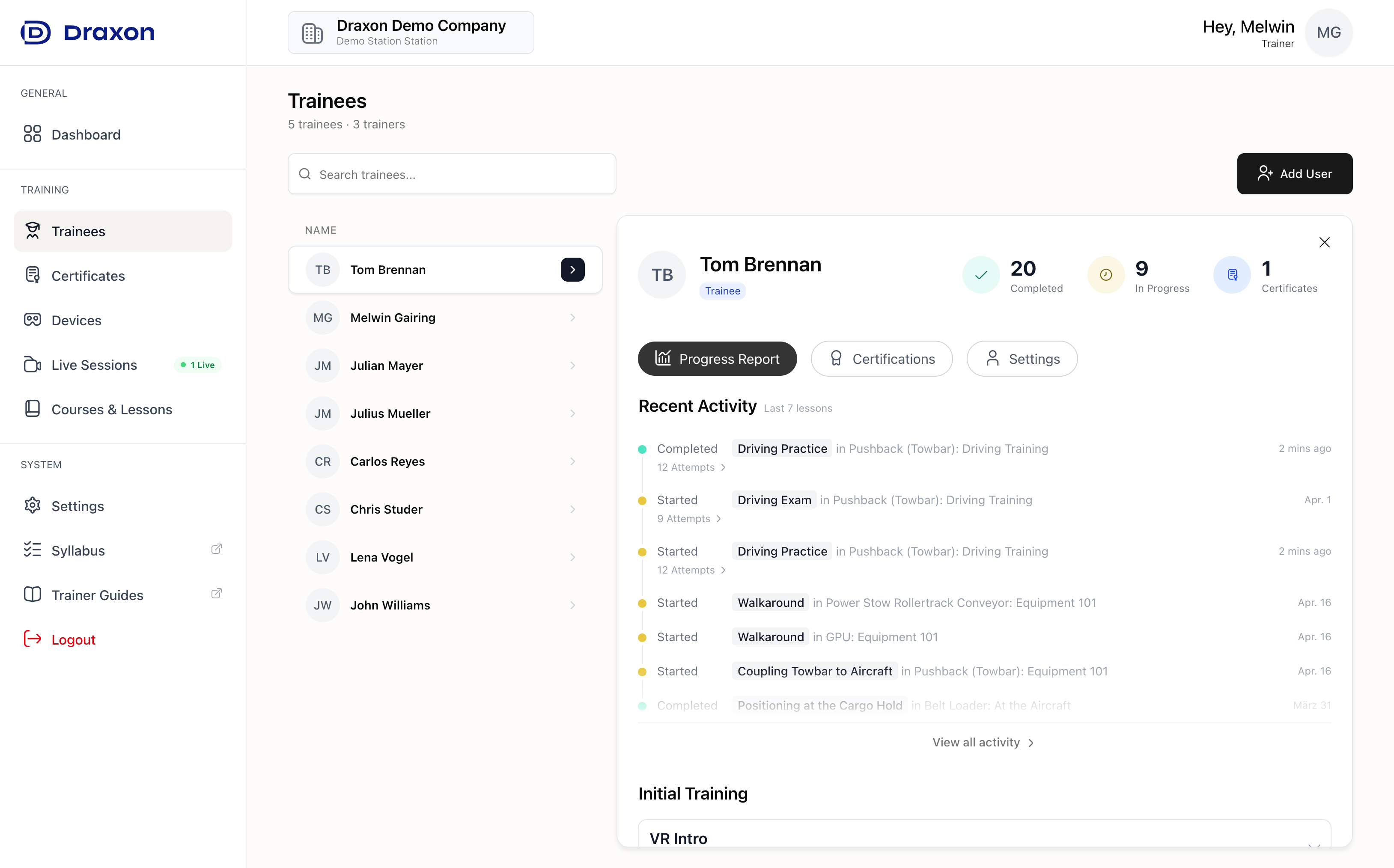 Trainee detail view with progress, certifications, and recent activity