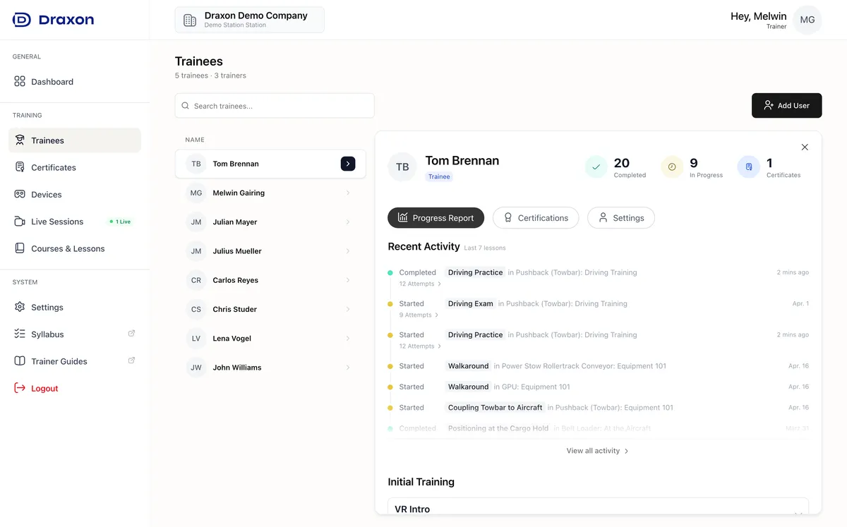 Trainee detail view with progress, certifications, and recent activity