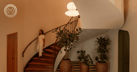A woman walking down the stairs in the Eades