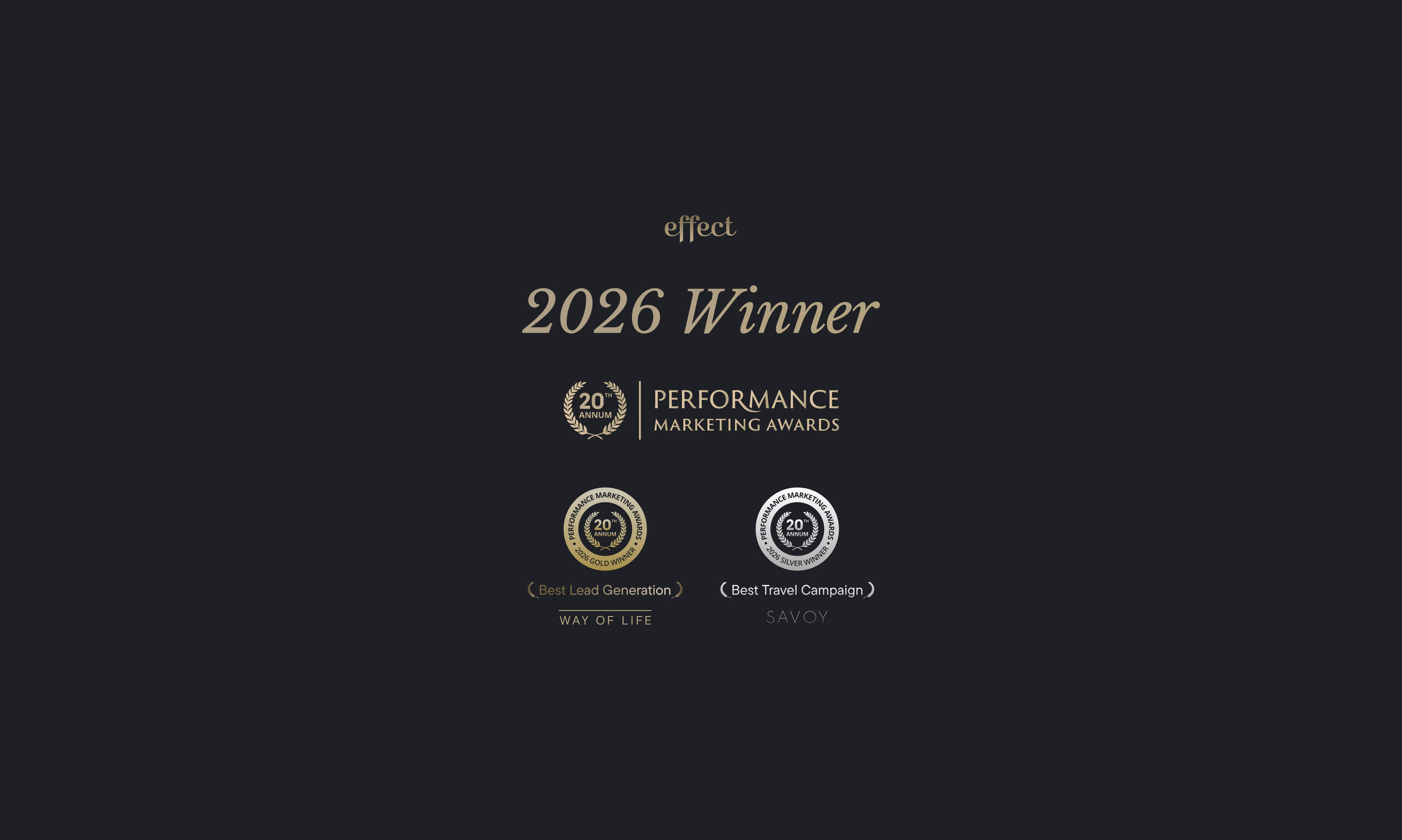"Dark background with text: '2026 Winner, Performance Marketing Awards,' featuring awards for 'Best Lead Generation' and 'Best Travel Campaign.'"