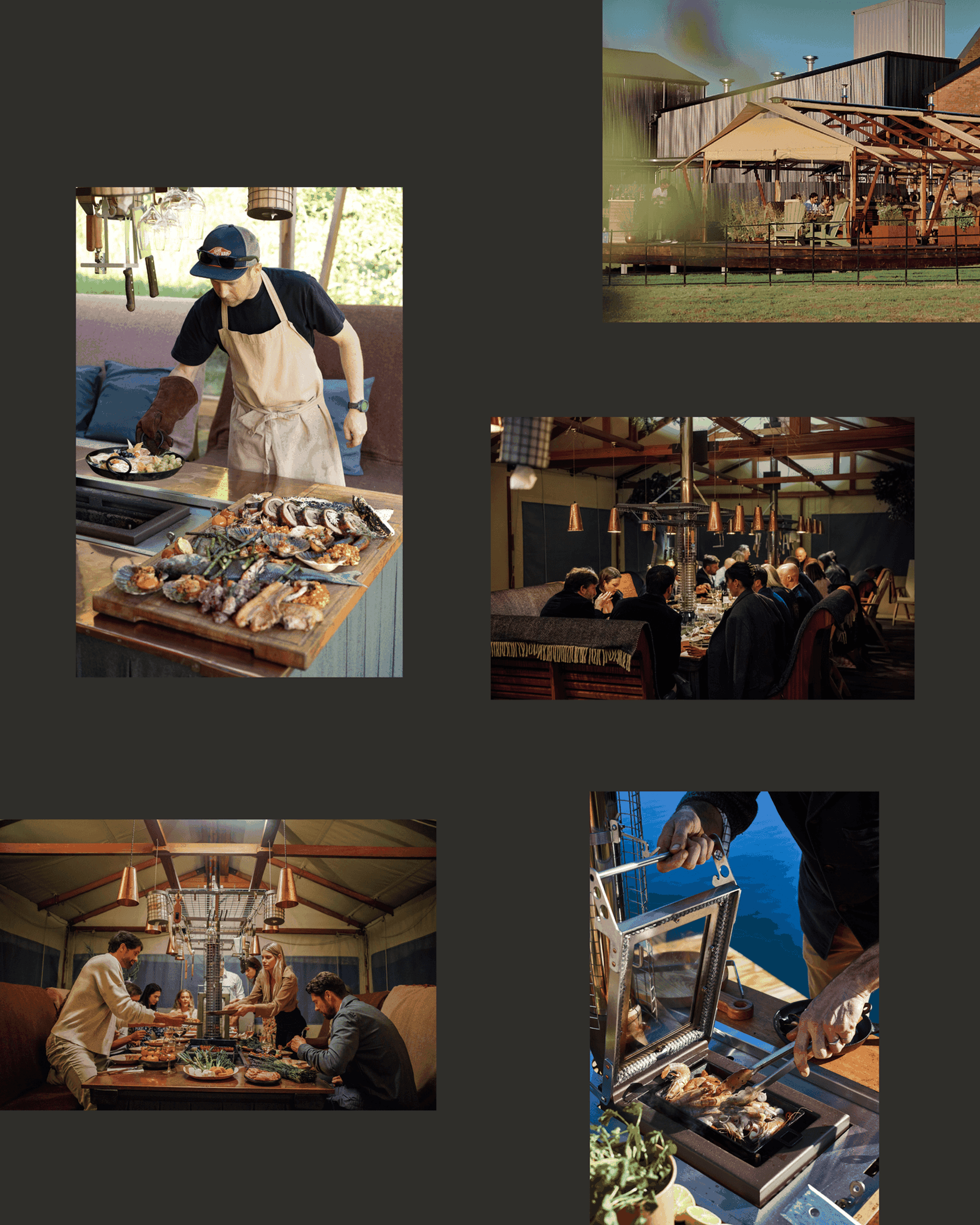 Collage of outdoor dining scenes: chef preparing grilled food, people enjoying a meal at a table, a restaurant patio, and meat cooking on a grill.