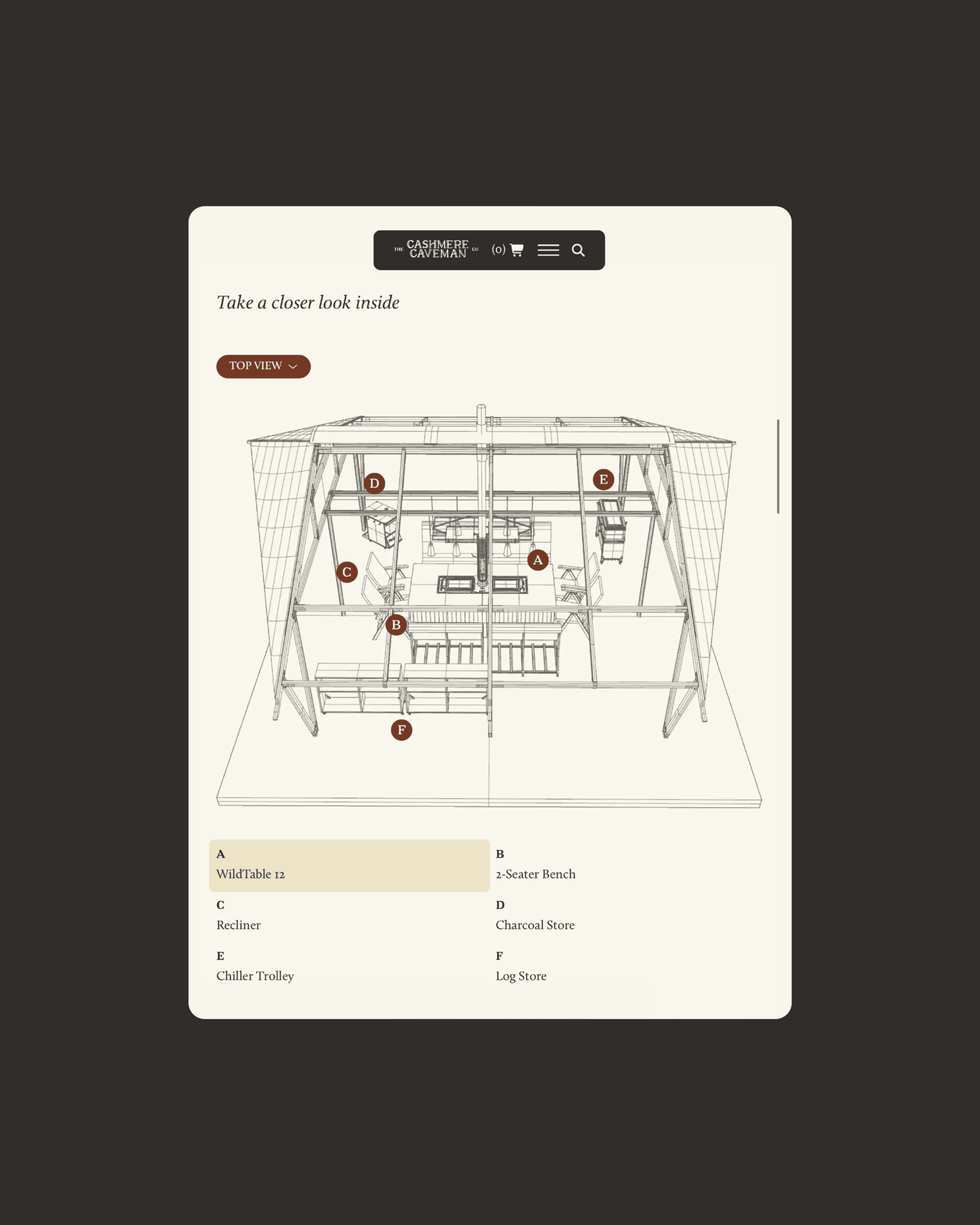 Cutaway view of a cabin interior with labeled features: WildTable, 2-Seater Bench, Recliner, Charcoal Store, Chiller Trolley, Log Store.