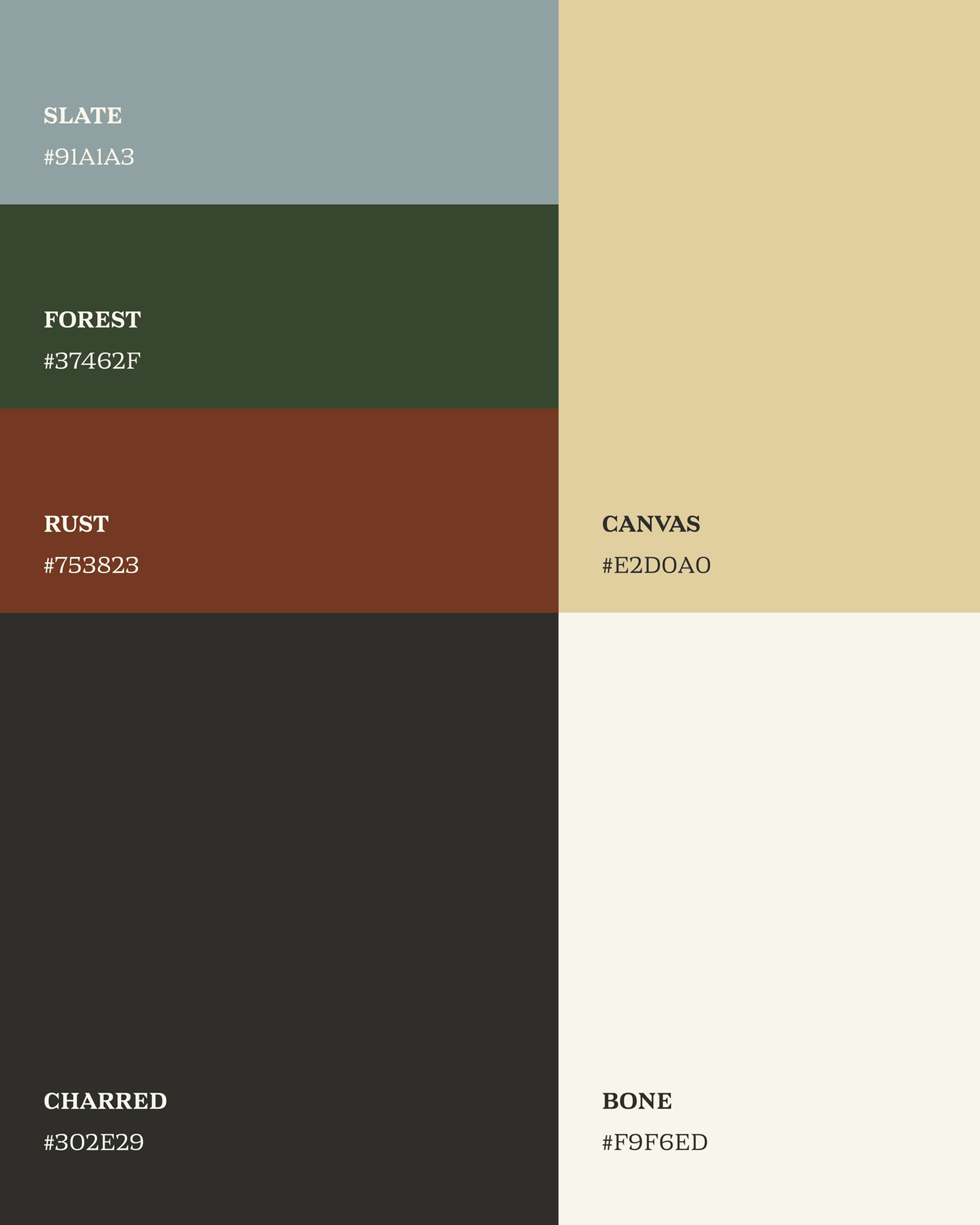 Color palette with six sections: Slate, Forest, Rust, Canvas, Charred, and Bone, each with corresponding hex codes.