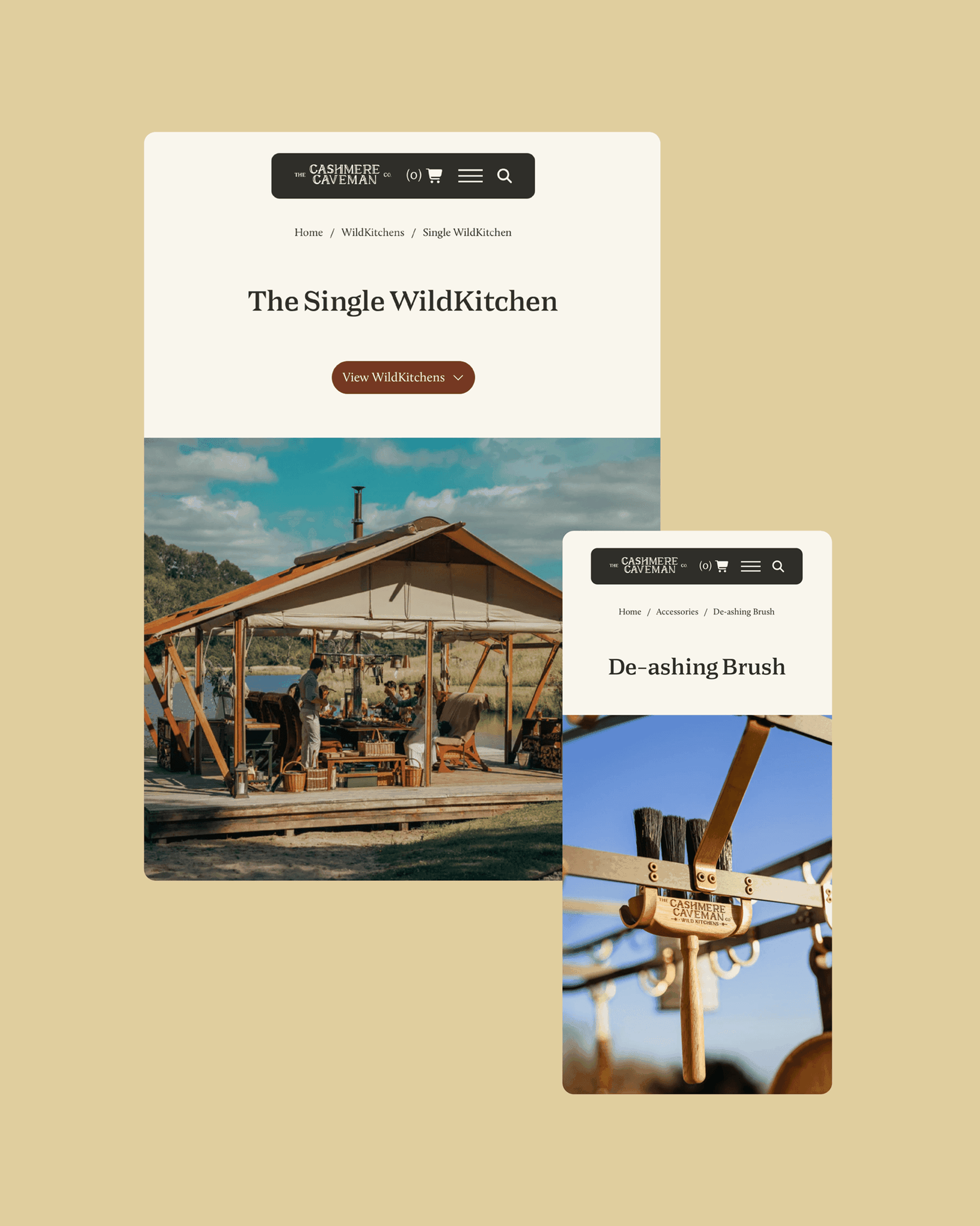 Web page mockups showing "The Single WildKitchen" and "De-ashing Brush" by Cashmere Caveman, featuring a rustic outdoor kitchen and brushes.