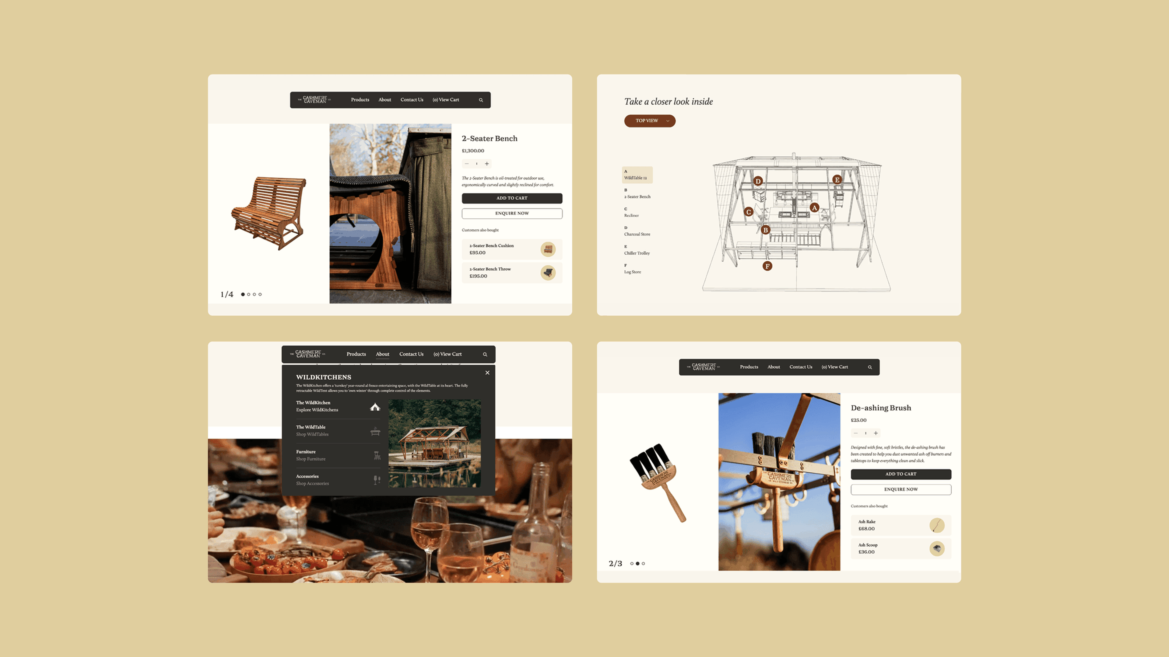 Collage of website screenshots featuring a 2-seater bench, architectural blueprint, dining scenes, and a de-ashing brush on a beige background.