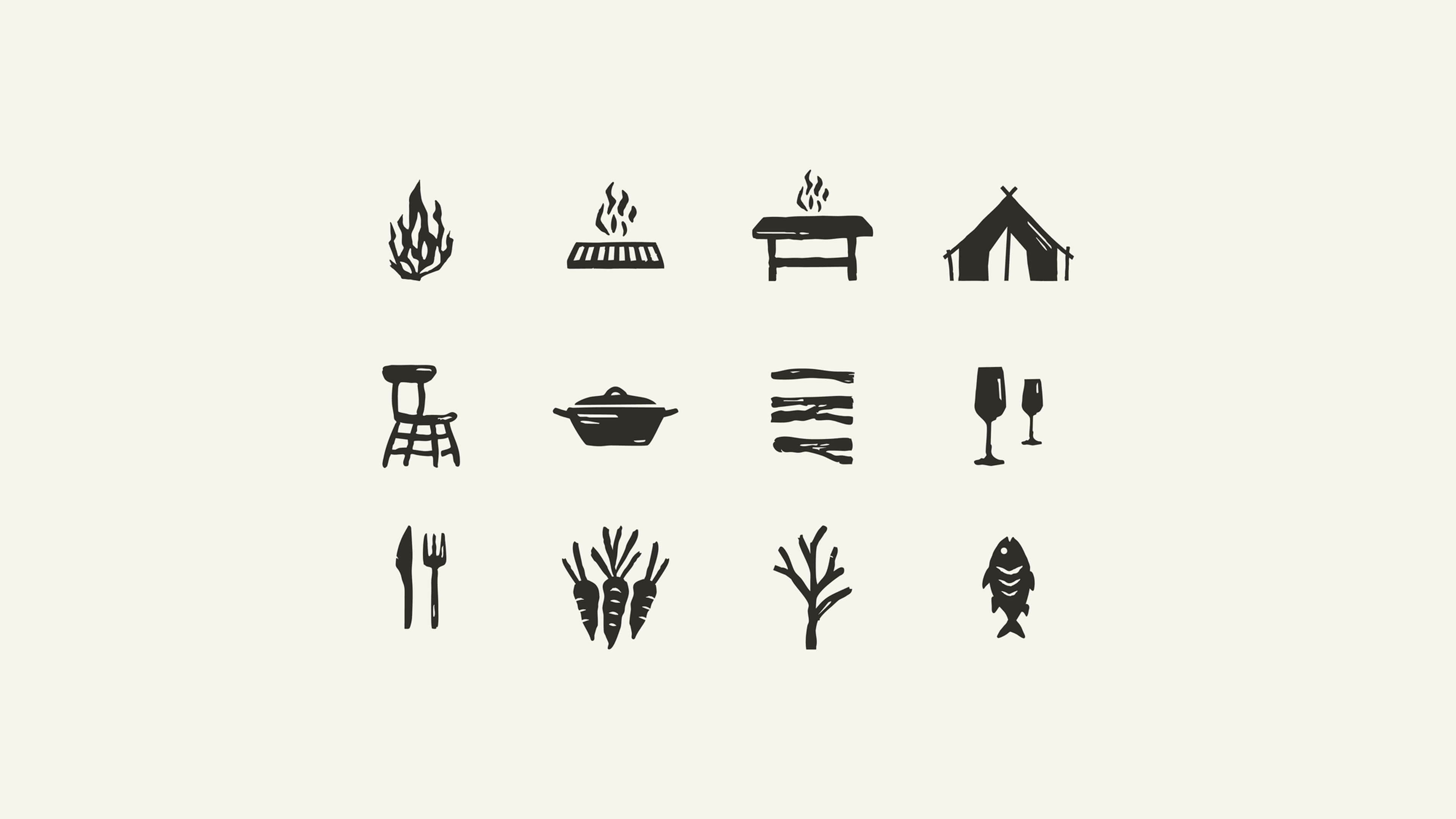 Twelve black icons on a beige background, depicting campfire, grill, table, tent, chair, pot, utensils, drinks, and food items like carrots and fish.