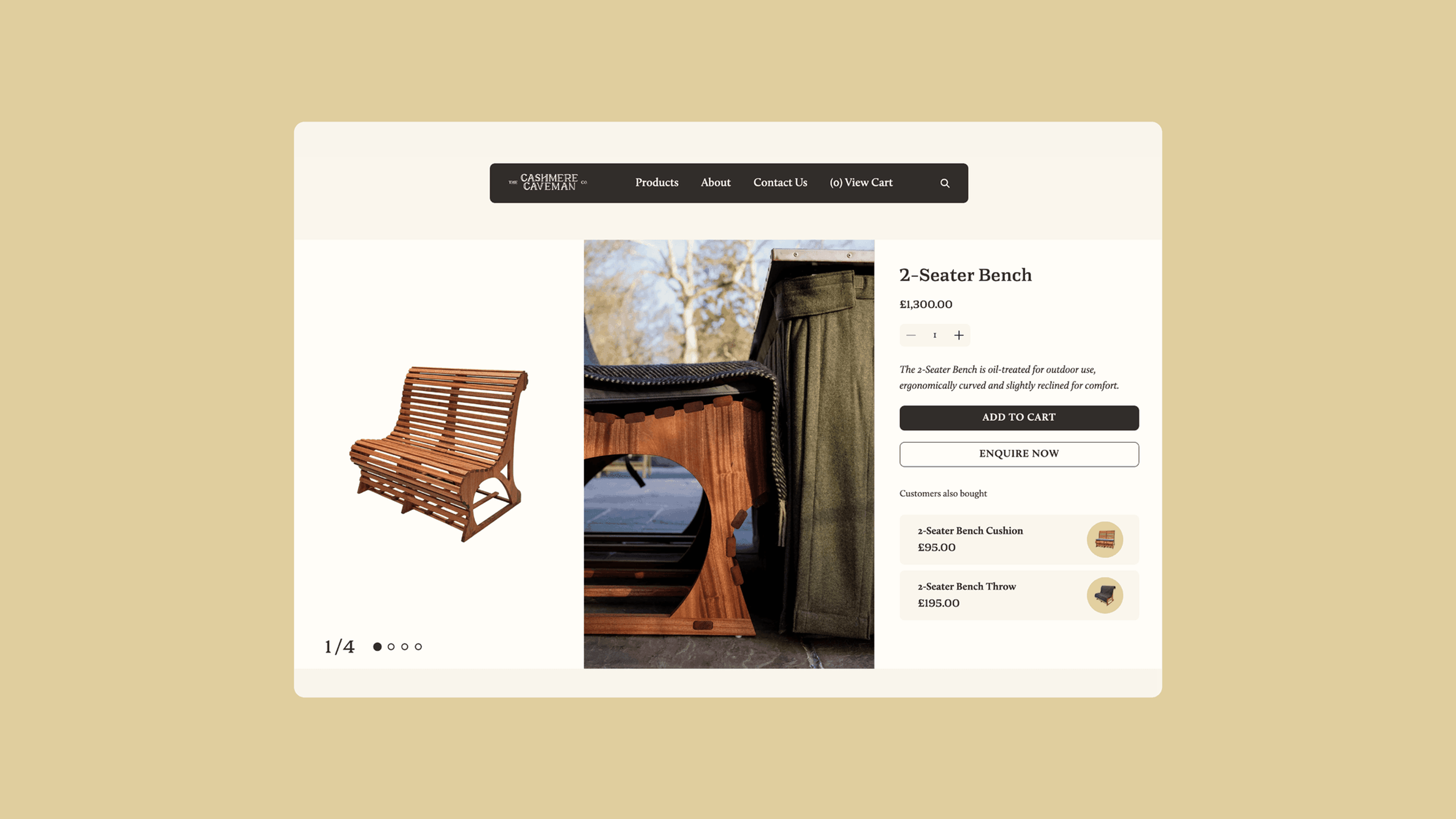 Screenshot of a website showcasing a wooden 2-seater bench for £1,300, with product details, add-to-cart button, and related items.