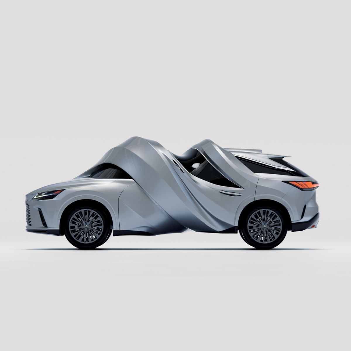 Side view render of the Lexus RX twisted into a full turn along its body, the Motomorphosis sculpture for Lexus x MSCHF, on a light gray background.