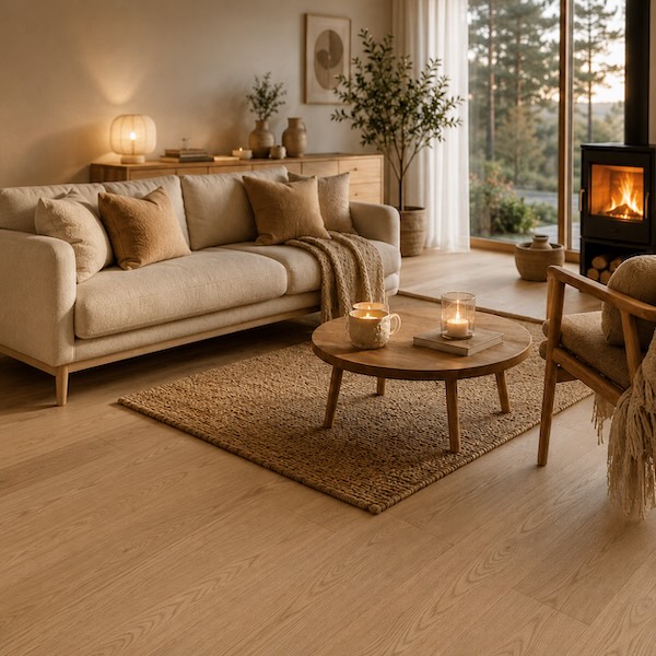 Podłoga Dąb Nutmeg w przytulnym wnętrzu w stylu hygge