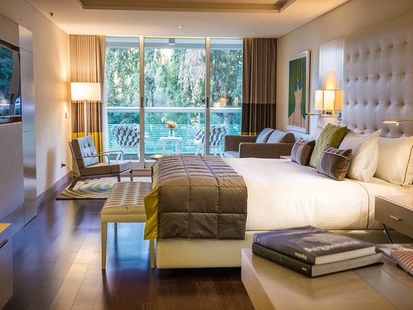 Luxury modern bedroom at Palladio Hotel with floor-to-ceiling windows overlooking Patagonian forest landscape.