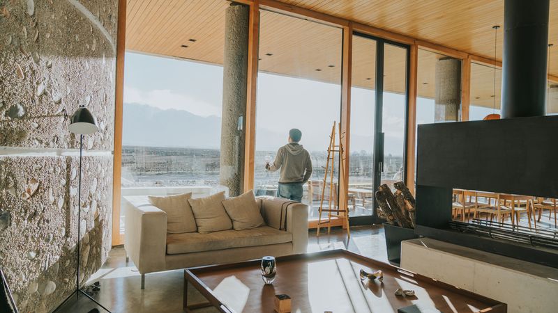 Modern Mendoza winery lounge with panoramic valley views, fireplace, and contemporary furnishings overlooking vineyards.