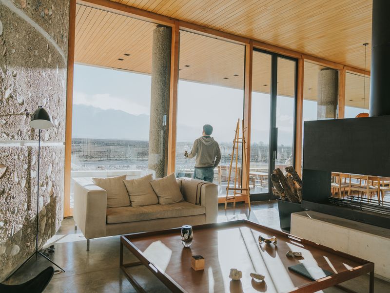 Modern Mendoza winery lounge with panoramic valley views, fireplace, and contemporary furnishings overlooking vineyards.