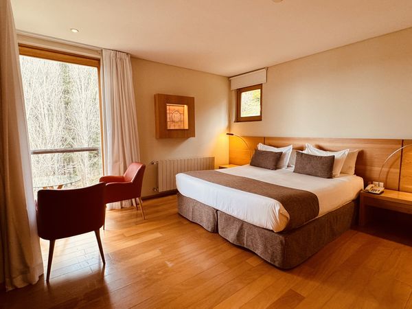 Luxurious modern hotel bedroom with warm wood paneling, queen bed, lounge chair, and large window overlooking nature in Bariloche.