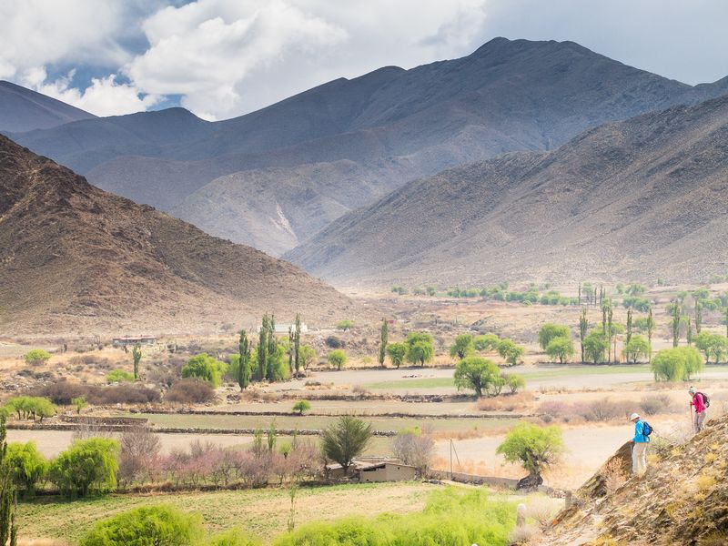 Hikers explore the dramatic arid mountains and green valley of Cafayate, Salta Province, with poplar trees lining the river.