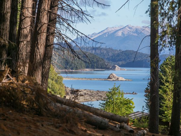 Lake view through forest with snow-capped mountains and Isla Victoria in Patagonia's Lake Nahuel Huapi.