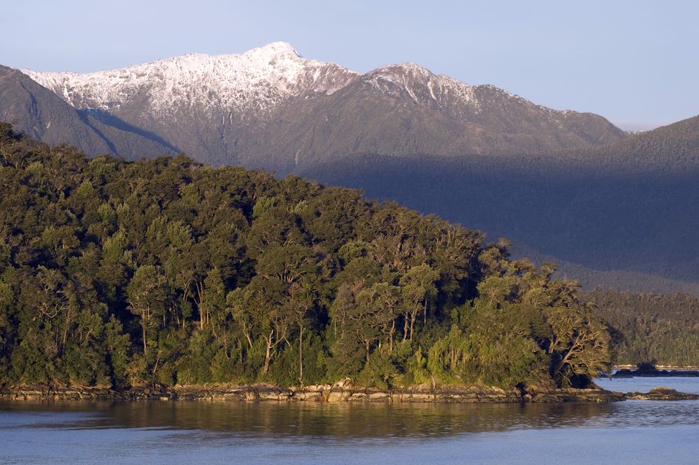 Snow-capped mountains rise above dense temperate rainforest along the fjords and channels of Patagonia's Chonos Archipelago.