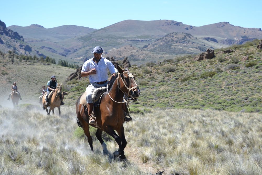Horseback riders gallop through high-altitude Patagonian grasslands near Bariloche with dramatic mountain peaks in the background.