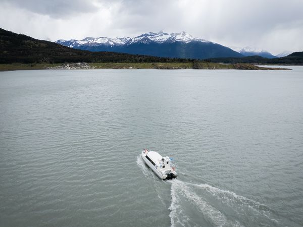 White speedboat navigates turquoise glacial waters with snow-capped Patagonian mountains and forested shoreline in background.