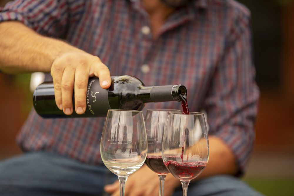 Man pouring red wine from a bottle into three glasses during a Mendoza wine tasting experience.