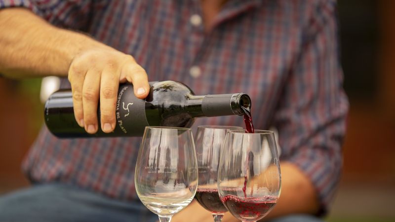 Man pouring red wine from a bottle into three glasses during a Mendoza wine tasting experience.
