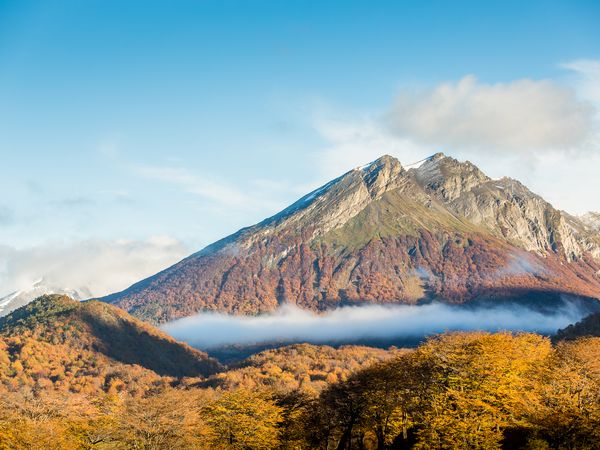 Volcanic mountain with autumn forest and low clouds in Tierra del Fuego National Park, Patagonia.