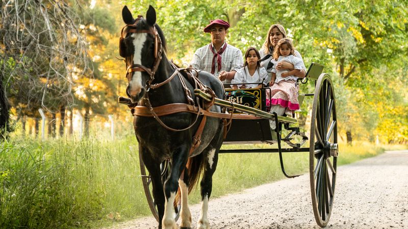 Family riding in a horse-drawn cart through a tree-lined rural road in Buenos Aires province, Argentina.