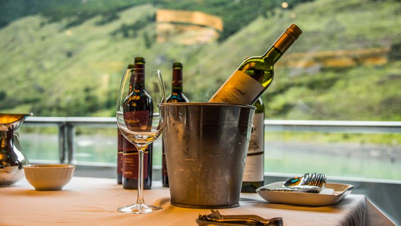 Wine tasting with panoramic views of the Patagonian landscape aboard the Espíritu de los Glaciares cruise near El Calafate.