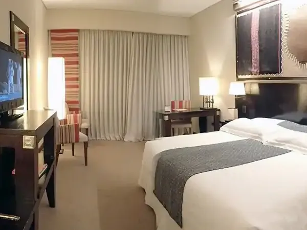 Luxurious hotel room in Alejandro with twin beds, dark wood furniture, flat-screen TV, and modern décor overlooking the city.