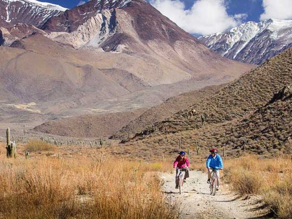 Two cyclists ride through high-altitude desert terrain with snow-capped Andean peaks in the Salta-Cachi region.