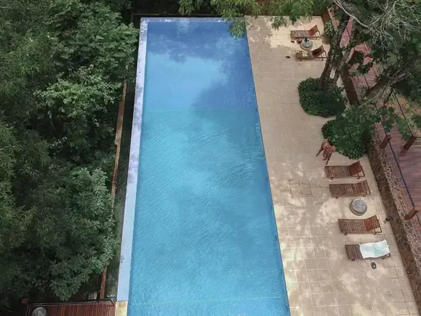 Aerial view of a rectangular swimming pool surrounded by lush vegetation at Selvaje Lodge in South America.