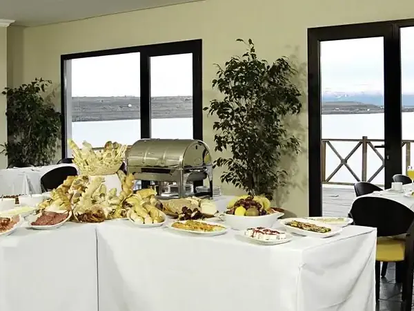 Elena's elegant dining room overlooks Patagonian lakes with gourmet food displays and mountain views.