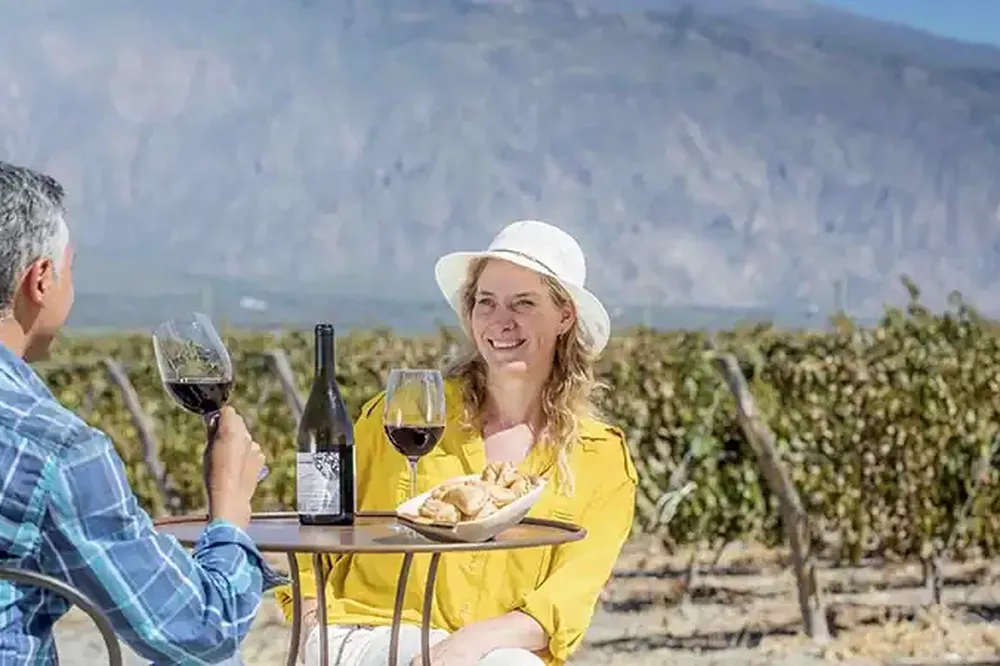 Couple enjoying wine tasting at a vineyard in Salta with mountain views and grapevines in the background.