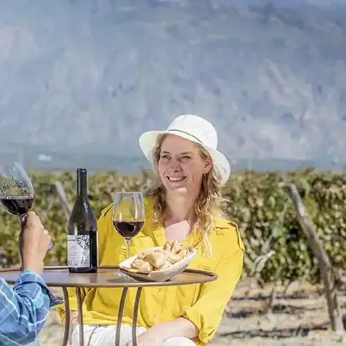 Couple enjoying wine tasting at a vineyard in Salta with mountain views and grapevines in the background.