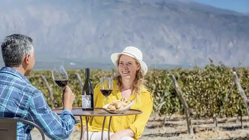 Couple enjoying wine tasting at a vineyard in Salta with mountain views and grapevines in the background.