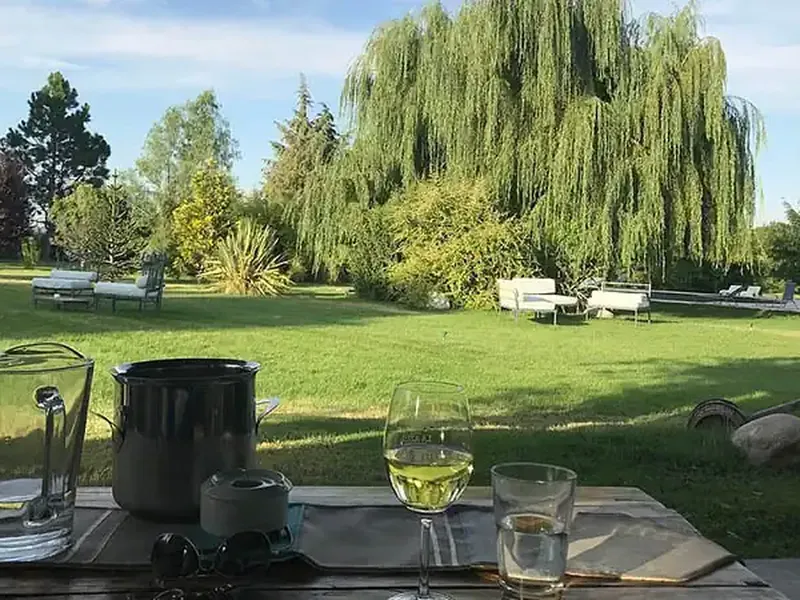 Wine glasses and picnic setup overlook manicured gardens and weeping willow trees at Finca La Azul.