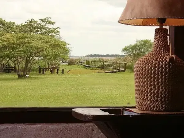 Aguapé Lodge terrace view overlooking sprawling green pastures and tree-lined horizons in rural Argentina.