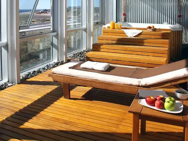 Luxury spa room with wooden loungers, panoramic windows overlooking Patagonian landscape, coastal views, and fresh fruit service.