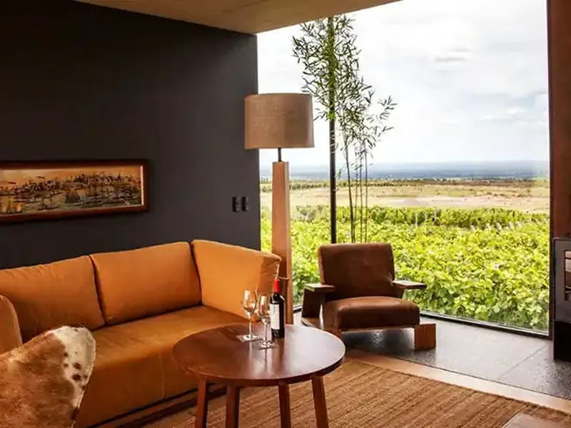 Modern luxury lounge with orange leather sofa overlooking vineyards in Uco Valley, Mendoza, Argentina.