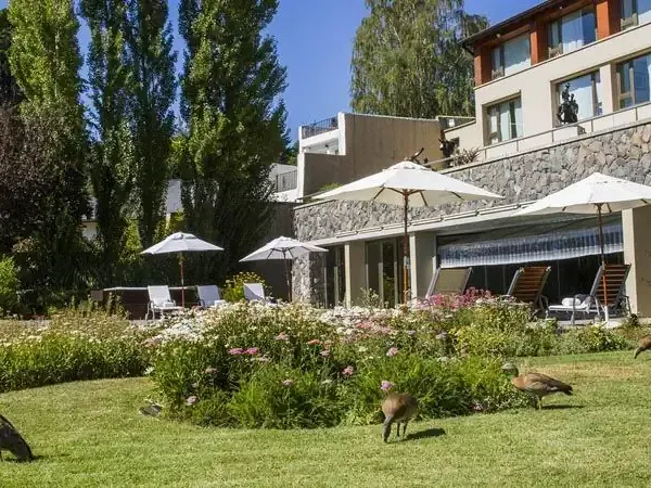 Geese graze on manicured lawns beside a modern resort with umbrellas and lounge chairs in Bariloche.
