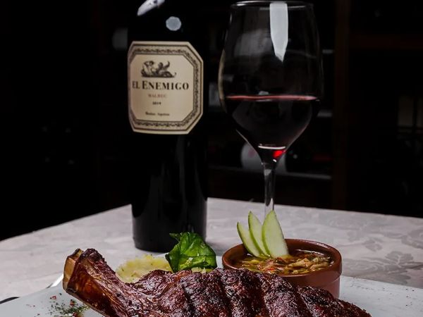 Grilled steak with El Enemigo Malbec wine in Buenos Aires, Argentina's premier dining experience.