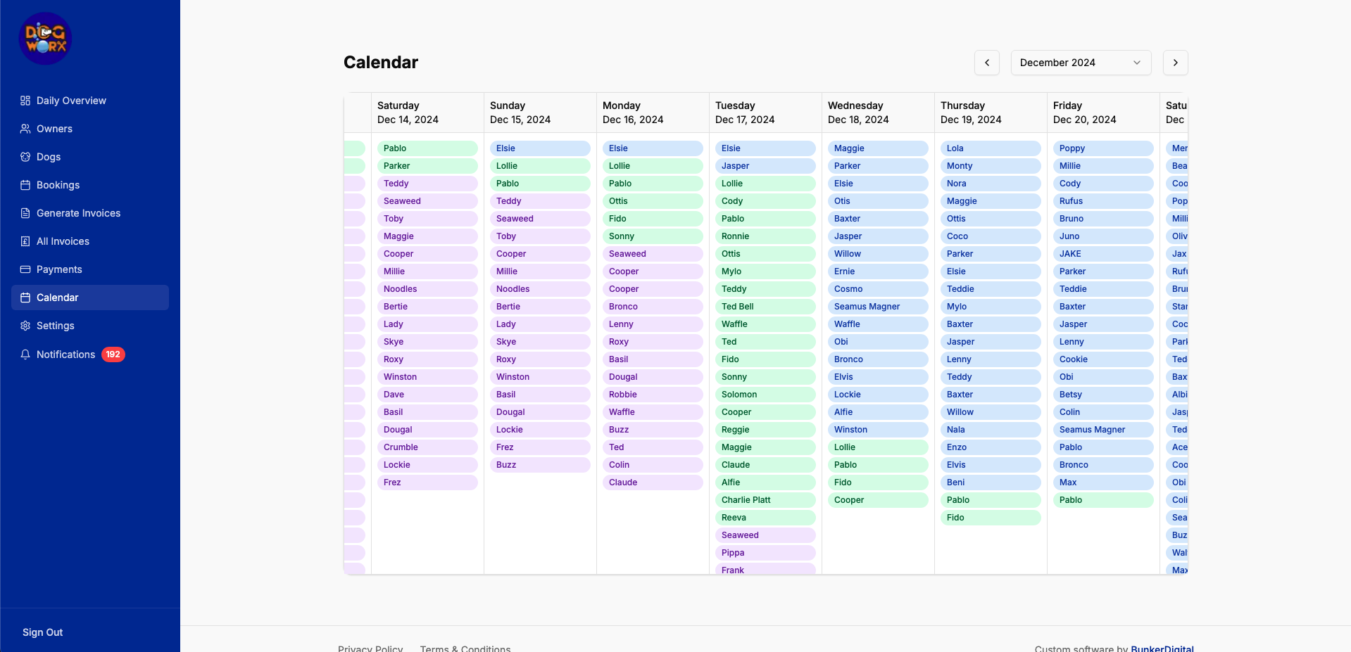 Dogworx admin's calendar view